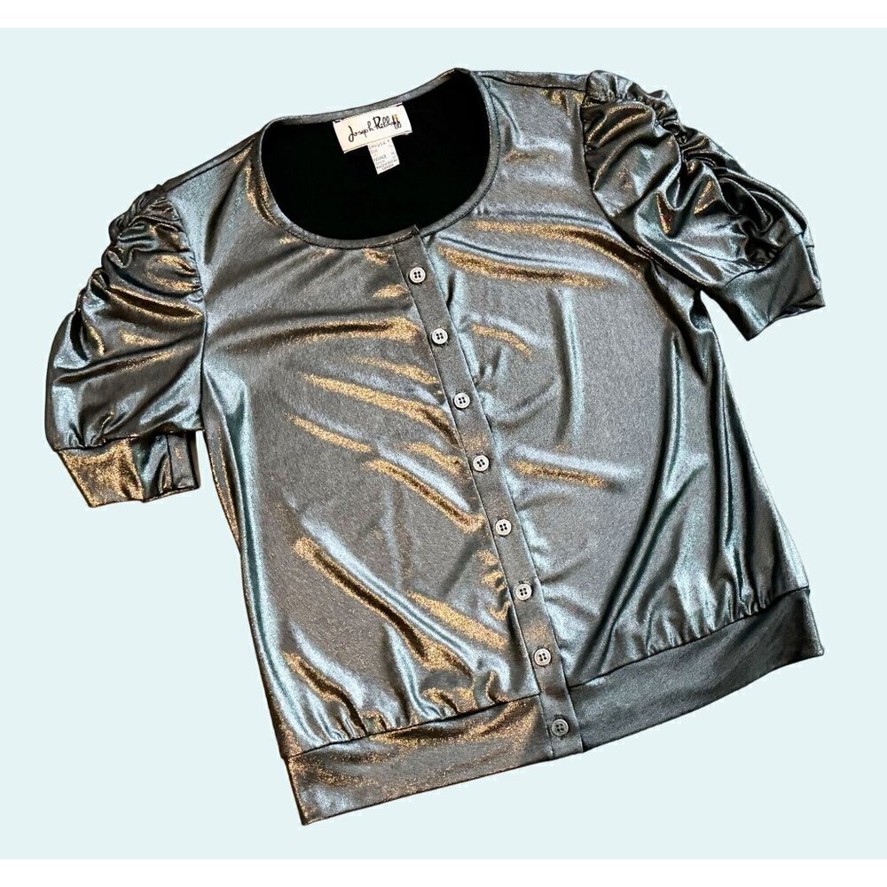 Vintage JOSEPH RIBKOFF Metallic Silver Puff Sleeve 90s 00s Y2K Top Shirt Size Sm